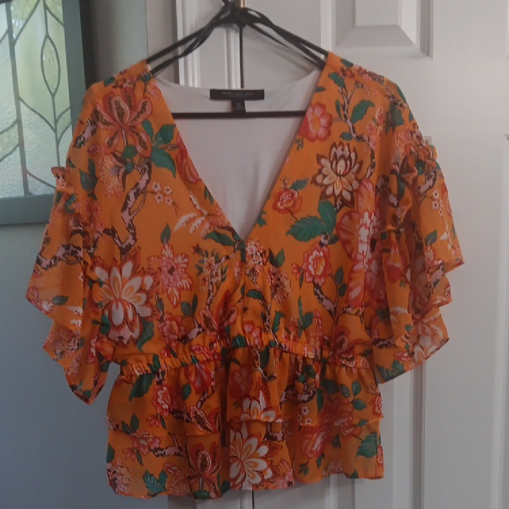 Marc New York Orange Floral Flutter Sleeve Blouse